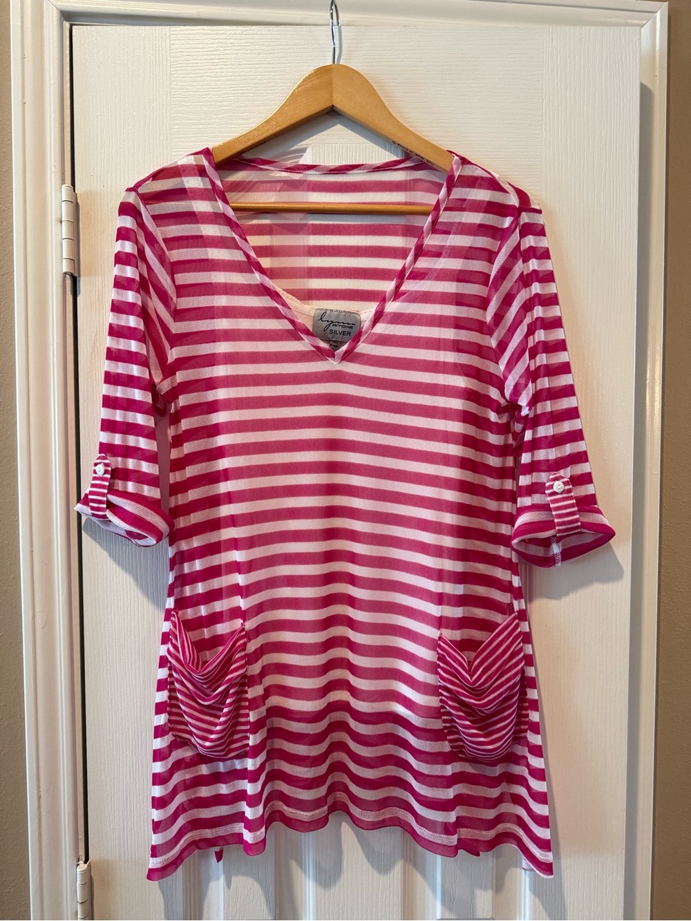 Lynn Ritchie Silver Pink & White Striped Blouse w/ White Lace Tank Top Coverup
